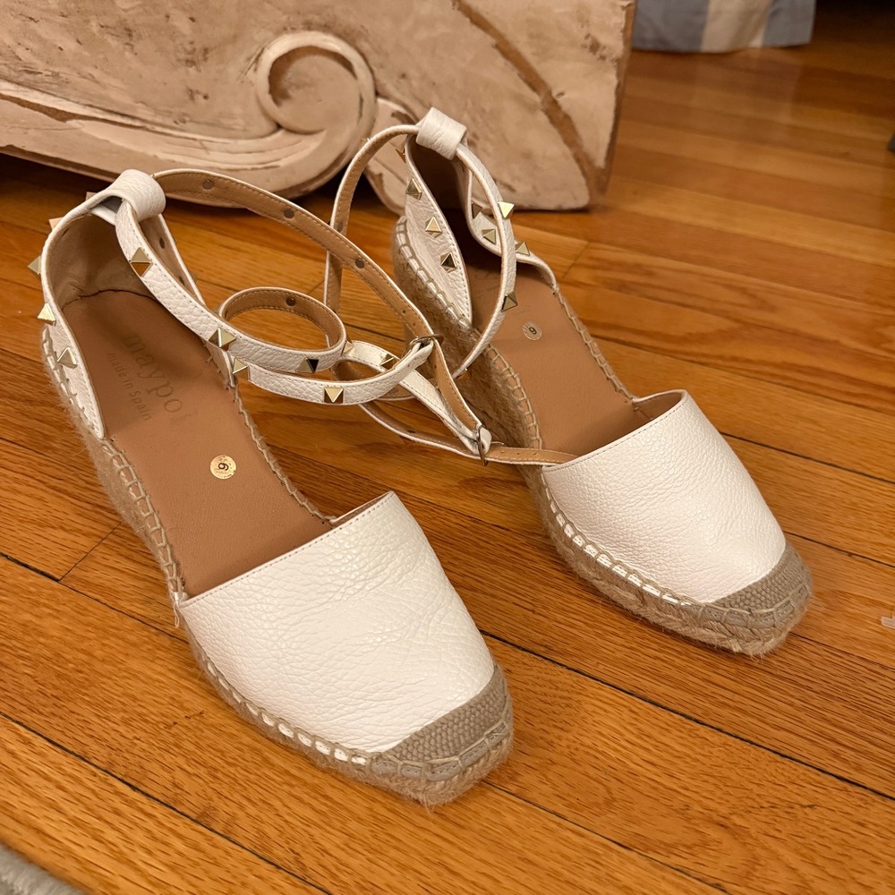 Maypol Leather Studded Wedge Espadrille. Made in Spain. White. Size 40. NWOT - Picture 3 of 8